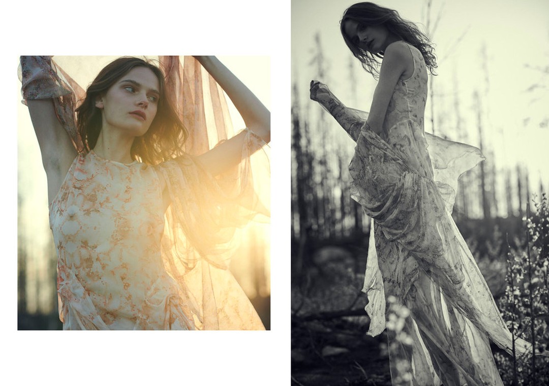 Sunlight through the printed silk chiffon Aphrodite dress, paired with a black-and-white forest photograph